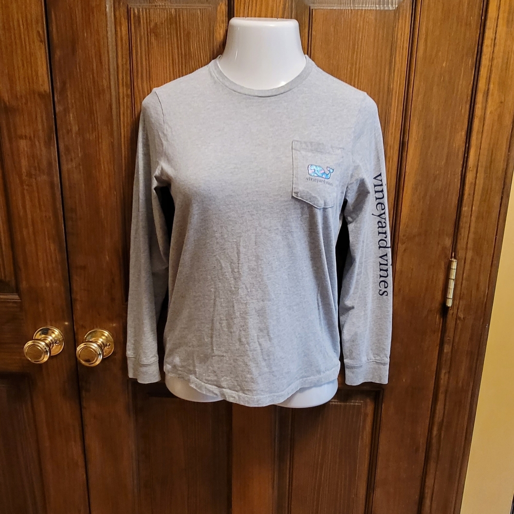 Vineyard Vines Long Sleeve Pocket Tee Sz L Gray Teal, Fuchsia & Navy P2P 19 L 18
